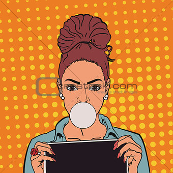 beautiful girl with chewing gum and tablets. pop art. EPS 10