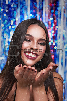Woman make-up with shiny glitter and snow