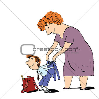 Grandma or the nanny accompanies her grandson to school