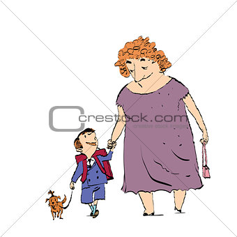Grandma, grandson and dog on a walk