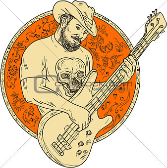 Cowboy Playing Bass Guitar Circle Drawing