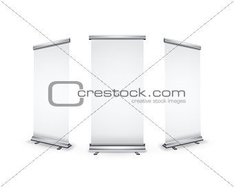 Three blank realistic roll-up banners with shadow on white