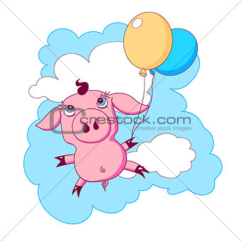 Little piggy with balloons flying in the sky