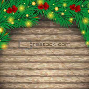 Christmas tree, and decorative elements on background of boards