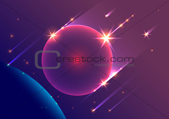 Abstract space background falling meteorites and planet
