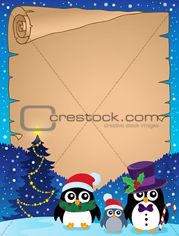 Stylized Christmas penguins parchment 1