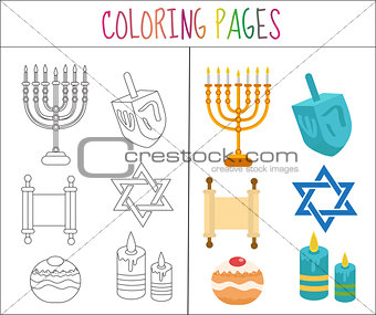 Coloring book page. Hanukkah set. Sketch and color version.  for kids. Vector illustration