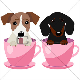 Jack Russell Terrier and Dachshund dog in pink teacup, illustration, set for baby fashion
