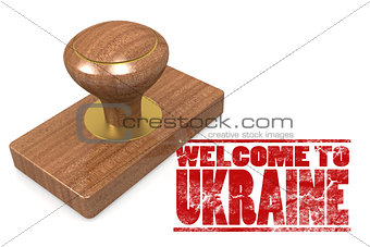 Red rubber stamp with welcome to Ukraine