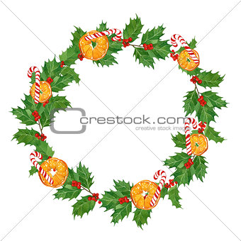 christmas watercolor wreath with oranges,candy canes,holly berries and leaves on white background.hand drawn illustration.