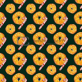 christmas seamless pattern with oranges and candy canes on dark green background. watercolor holiday illustration.