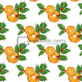 seamless watercolor christmas pattern with oranges,holly berries and leaves. season design for print, card, wrapping paper.