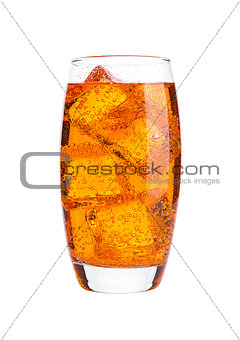 Glass of orange energy soda drink with ice