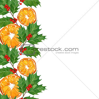 christmas card in watercolor technique. holly branches and oranges.