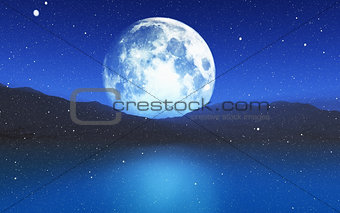 3D snowy landscape with moon