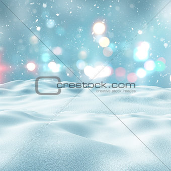 3D snowy landscape with bokeh lights