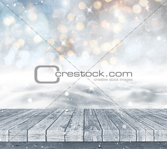 3D snowy landscape with wooden decking