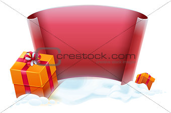 Red scroll and gift boxes in snow. Template for greeting Christmas card