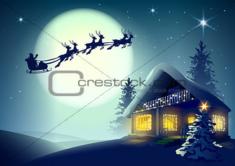 Silhouette Santa Claus and reindeer flying over Christmas house in winter forest