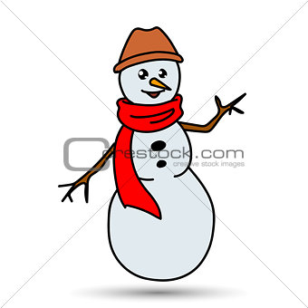 Christmas White Snowman in a Hat and Scarf Isolated on  Background, Merry   Happy New Year, Vector Illustration