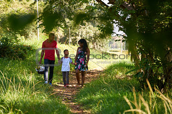 Happy Black Family Walking In City Park With Picnic Basket