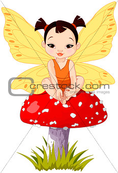 Cute Asian Baby Fairy On Mushroom