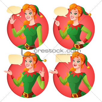 Cartoon Christmas elf girl in different poses. Vector set.