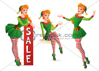 Beautiful vector girl in Christmas elf costume in different poses.