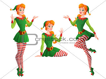 Pinup vector girl in Christmas elf costume in different poses.