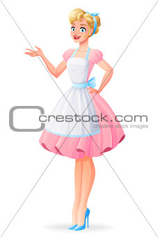 Beautiful housewife in pink dress and apron presenting. Vector illustration.