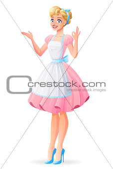 Beautiful housewife smiling and showing ok sign gesture. Vector illustration.