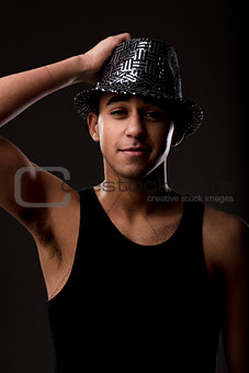 sly smile for a handsome guy in sequin hat