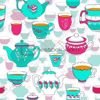 Seamless pattern of the doodle bright cup and pot.