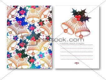 Greeting Cards with Christmas bells red bow and Holly berries on white background. Vector illustration.