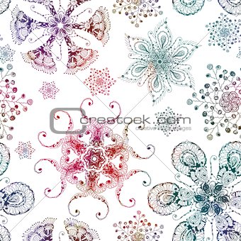 Seamless pattern with multicolored snowflakes on white background. Christmas vintage vector.