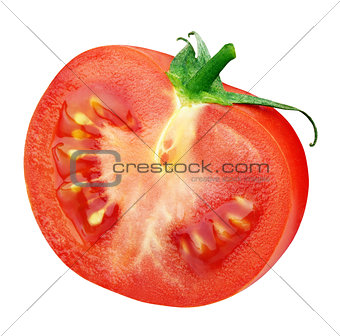 Single half of red tomato on white
