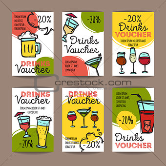 Vector set of discount coupons for beverages. Colorful doodle style alcohol drinks voucher templates. Cocktail bar promo offer cards.