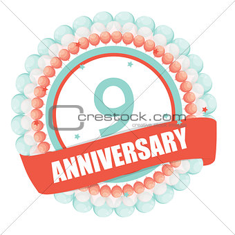 Cute Template 9 Years Anniversary with Balloons and Ribbon Vecto
