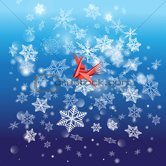 Winter bright background with snowflakes and a bird