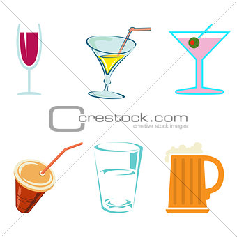 Alcohol drinks and cocktails in glasses