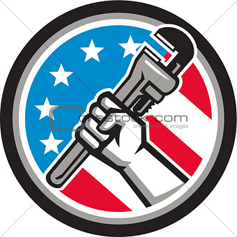 Plumber Hand Pipe Wrench USA Flag Side Angled Circle