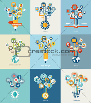 Abstract trees with icons for web design.