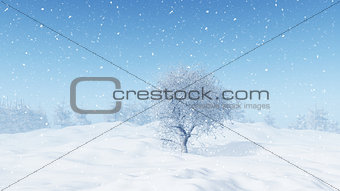 3D winter landscape with snowy tree