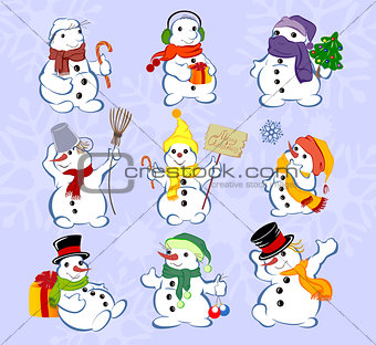 Set of winter holidays snowman on blue background. EPS10 vector illustration