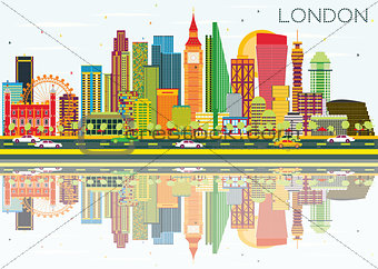 Abstract London Skyline with Color Buildings and Reflections.