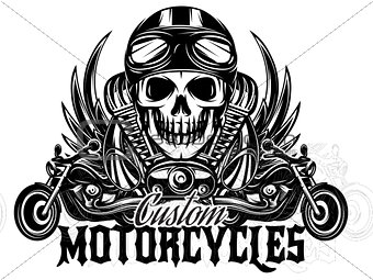 vector monochrome image with skulls, motorcycles, wings, engine