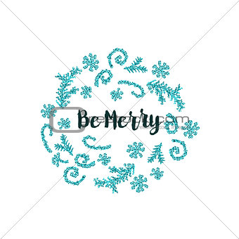 Christmas card on white background with blue elements and text