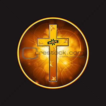 Festive Cross with flourish and stars in a golden border