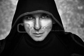 Mysterious Man in Black Hoodie. Sexy Fantasy Guy.