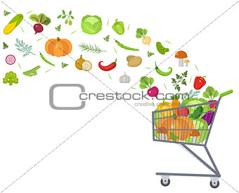 Full trolley, cart with fresh vegetables. Flat design. Banner, space for text, isolated on white background. Healthy lifestyle, vegan, vegetarian diet, raw food. Vector illustration